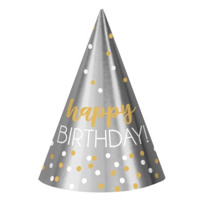 Klobúčiky na párty strieborné Happy B-day
