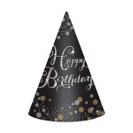 Klobúčiky na párty sparkling zlato šedé Happy B-Day