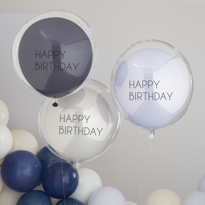 Latexovo transparentné balóny dvojvrstvové modro šedé Happy B-Day