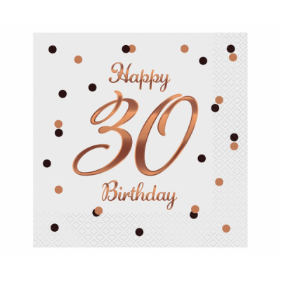 Servítky Happy Birthday 30 biele s ružovo zlatou potlačou