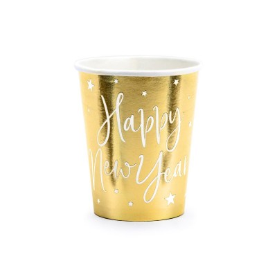 Poháre papierové zlaté s bielymi hviezdami Happy New Year