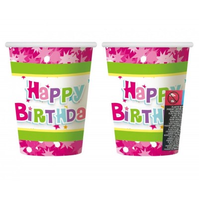 Poháre papierové Happy Birthday ružové