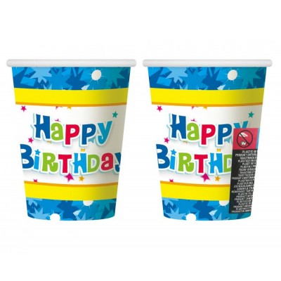 Poháre papierové Happy Birthday modré